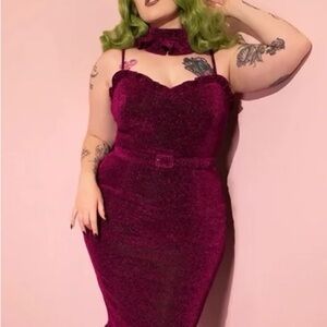 Vixen by Micheline Pitt - Burgundy Sparkle Velvet Bodycon Dress with Choker